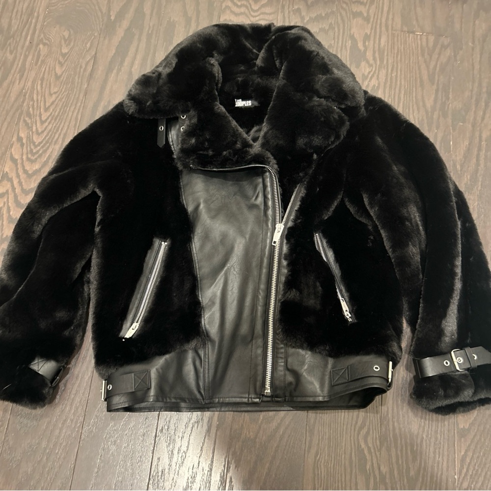 The Kooples Fur Faux Collar Leather Jacket Women Size 1 Small/ Medium Black